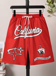 Teen Boy Letter Print Drawstring Waist Pocket Athletic Shorts - Black - View 1