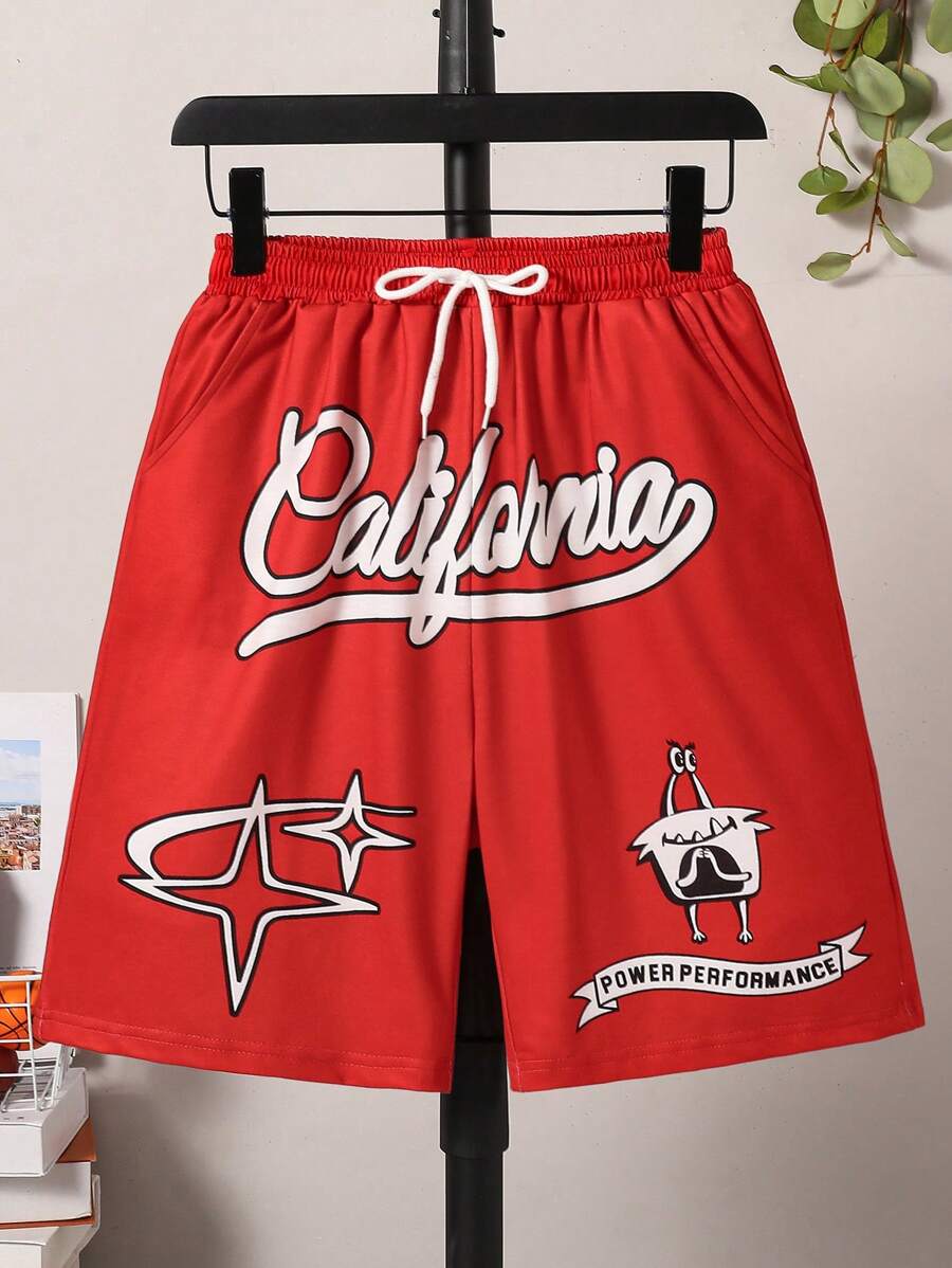 Teen Boy Letter Print Drawstring Waist Pocket Athletic Shorts - Black - View 1