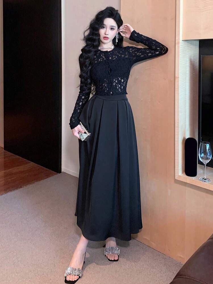 2pcs/Set Women Sheer Lace Top & A-Line Skirt, Sexy Outfit For Night Out,Fall Women Clothes