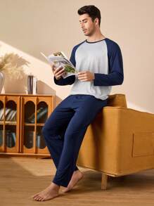 SHEIN Bộ đồ ngủ 2 món gồm áo dài tay phối màu và quần dài cho nam, đồ ngủ, quần áo thu đông - Xanh đậm - Xem 7