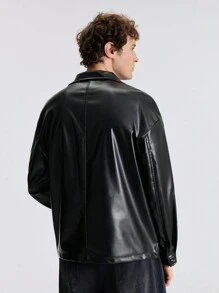 Ontre 男士秋季长袖 PU 皮革拉链门襟时尚衬衫 - 黑色 - 查看 6