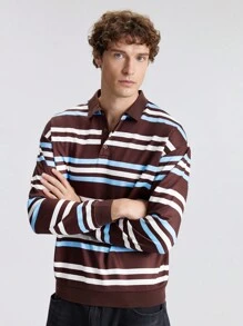 Ontre Camisa polo casual de manga larga con rayas para hombre, otoño