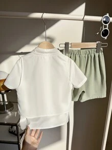 2pcs Toddler Boys Casual Set - Front Button Short Sleeve Top And Shorts - White - View 7