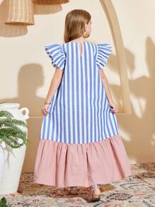 SHEIN Leap Crew Tween Girls 蓝白条纹可爱盖袖荷叶边下摆宽松秋千连衣裙，休闲假日风格，适合春夏季节，返校季 - 彩色 - 查看 4