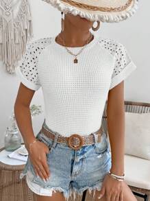 SHEIN LUNE Women's Solid Round Neck Raglan Sleeve Short Sleeve Burnout Embroidered Casual T-Shirt - White - View 7