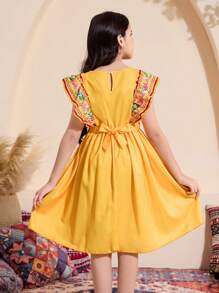 Tween Girls Floral Print Cap Sleeve Dress, Spring/Summer,Holiday Summer Travel - Yellow - View 2