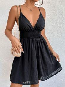 Breezaya 纯色荷叶边褶皱吊带连衣裙 女式度假海滩装 - 黑色 - 查看 5