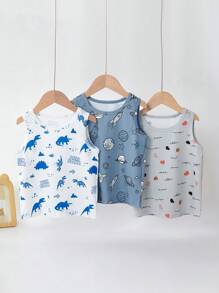 3 件套年轻男孩可爱卡通恐龙与太空印花圆领无袖休闲背心，适合夏季 - 彩色 - 查看 1