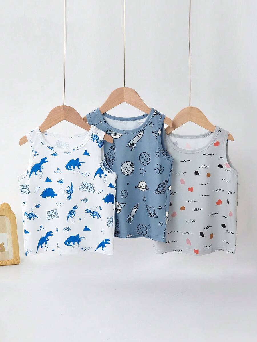3 件套年轻男孩可爱卡通恐龙与太空印花圆领无袖休闲背心，适合夏季 - 彩色 - 查看 1