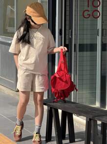 DAZY 2pcs/Set Tween Girls Casual Round Neck Short Sleeve Top And Shorts Set,Girls Summer Outfits,Back To School Clothes - Beige - View 5