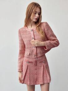 MOTF STUDIO TWEED BUTTON DECOR SKIRT,SPRING/SUMMER - Pink - View 4