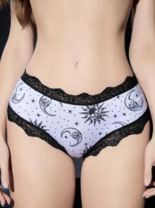 ROMWE Goth 1 件深色哥特式太阳、月亮、星星和骷髅印花对比色蕾丝丁字裤 - 淡紫色 - 查看 4