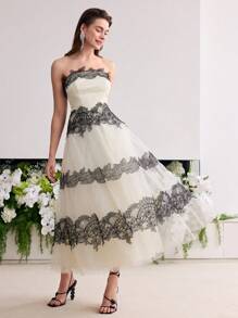 MOTF Soiréza CONTRAST LACE MESH TUBE DRESS - Black and White - View 5