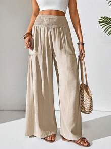 Breezaya Quần ống rộng đơn giản, giản dị, màu trơn có dây rút túi dành cho nữ - Màu be - Xem 4