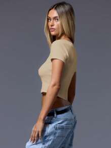 MUSERA 女士夏季纯色圆领短袖露脐上衣，休闲T恤，春季复活节假日 - 卡其色 - 查看 2