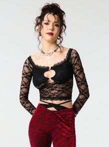 SHEIN Unity Blusa sexy de manga larga con hombros descubiertos y detalles calados en la parte delantera, ideal para el Día de San Valentín