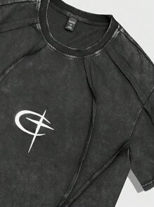 ROMWE MEN Street Life 男士垃圾摇滚圆领短袖印花休闲 T 恤，简约日常穿着，2000 年代风格 - 黑色 - 查看 3