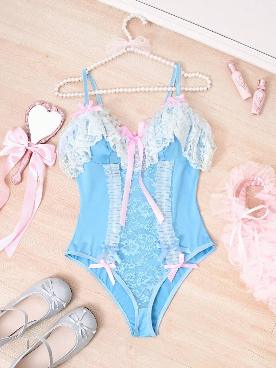 بادي نسائي بتطريز زهري وقطع دانتيل مثير مع تطريب مكان الرقبة والظهر، جميل وجذاب - أزرق فاتح اللون - مشاهدة 1