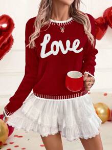 SHEIN LUNE Women's Valentine's Day "Love Letter" Bicolor Pattern Loose Casual Sweater Knit Pullover Fall Winter - Burgundy - View 5