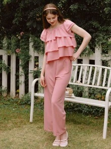 SHEIN Teen Girls 2pcs Sets Light Pink,Summer,Party Outfit,Ruffle Trim Blouse And Wide Leg Pants,Crinkle Texture Linen-Look Princess Holiday Wedding Style - Pink - View 5