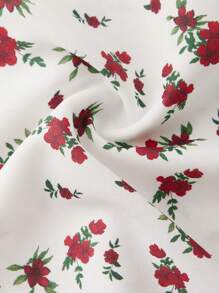 SHEIN Girlism Teen Girls' Floral Print Lantern Sleeve Square Neck Casual Split Hem Dress - Red - View 6