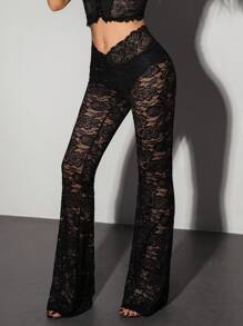 SHEIN ICON Y2K 超低腰 V 形腰带紧身蕾丝透明女式黑色裤子