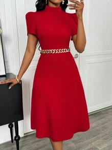 Lunelith SHEIN Lunessa 红色褶皱女式泡泡袖连衣裙，优雅简约的设计适合情人节、新年派对 - 紅色 - 查看 6