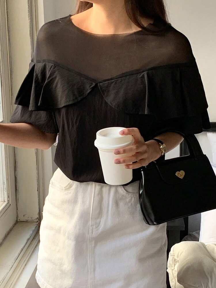 Women's Short Sleeve Mesh Patchwork Ruffle Hem Blouse