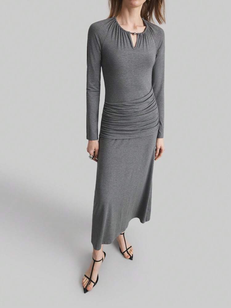 Women's Long Sleeve Halterneck Draped Long Dress, Elegant Pleated Fitted Dress