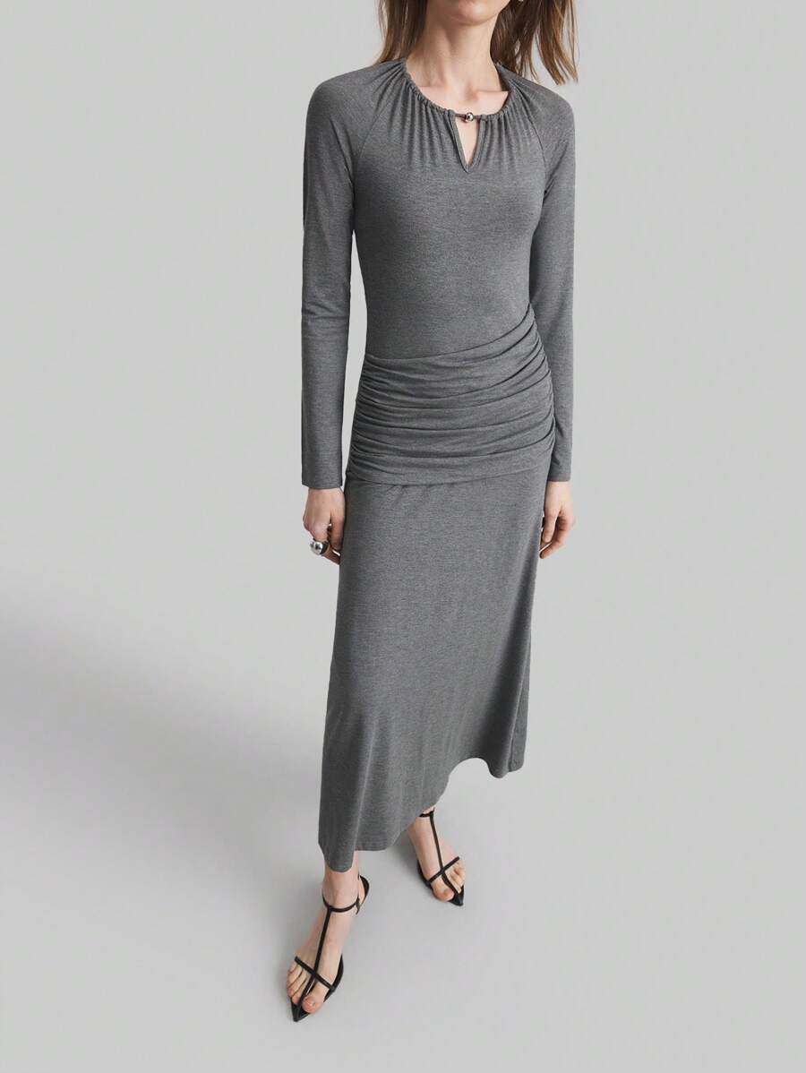 Ontre Women's Long Sleeve Halterneck Draped Long Dress, Elegant Pleated Fitted Dress - Grey - View 1
