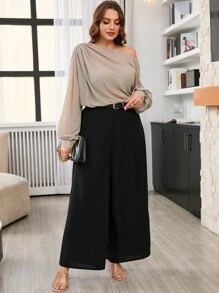 SHEIN Frenchy Plus Size Casual Elegante Escritório Modesto Ruche Chiffon Blusa Ombro Aberto e Perna Reta Solta Conjunto de Calça Casual - Multicolorido - Ver 1