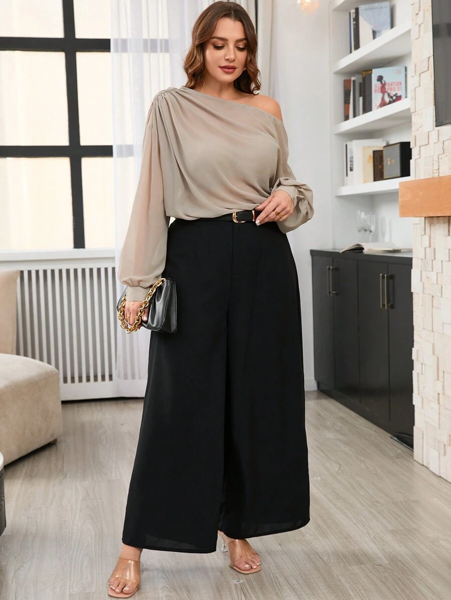 SHEIN Frenchy Plus Size Casual Elegante Escritório Modesto Ruche Chiffon Blusa Ombro Aberto e Perna Reta Solta Conjunto de Calça Casual - Multicolorido - Ver 1