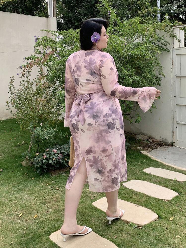 Dazy Plus Plus Size Floral Print Wrap Dress With Flare Sleeves, Holiday & Vacation, Spring/Fall Long Sleeve Dress