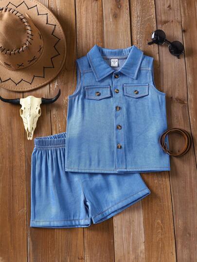 SHEIN 男童两件套，时尚休闲舒适蓝色工装上衣搭配蓝色裤子，适合户外活动和日常穿着，春夏款。