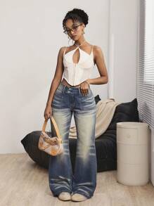 SHEIN ICON Jeans de mezclilla con bolsillo delantero y botones, para uso diario casual de mujer