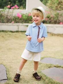 SHEIN Young Boy Casual Loose Elastic Waist Drawstring Shorts, Minimalist Design For Summer - White - View 5