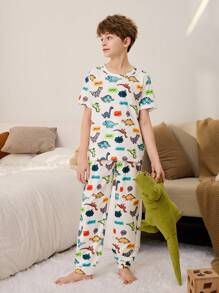 2PCS Cute Animal Print Tween Boys Pajama Set  Dinosar