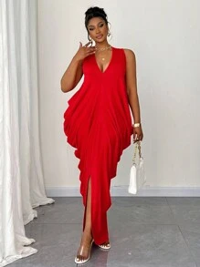 Maweii Women's Summer New Solid Color Sleeveless Loose Dress Plus Size - Red - View 3