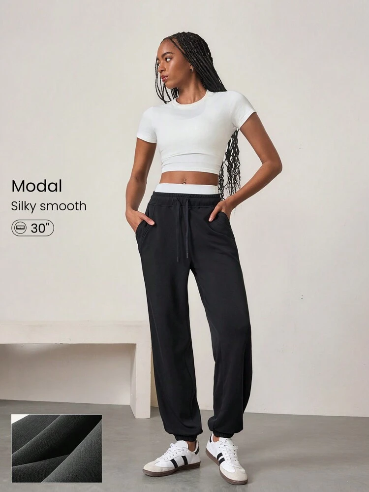 Modal Soft Comfy Loose Fit Adjustable Drawstring Waist Jogger With Side Pockets Daily Casual