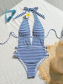 SHEIN Swim Women's Summer Beach Outfit: Textured Blue & White Striped Halter Backless One Piece Swimsuit + Hibiscus Hair Clip - Blue and White - View 3