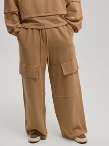 Musero Wide Leg Baggy Fit Double Knee Panelled Heavy Jersey Jogger Elasticated Drawstring Waistband Tracksuit Sweatpants Only Autumn Winter Wardrobe - Camel - View 2