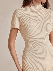 Anewsta Women's Ribbed Asymmetric Half-Turtleneck Fitted Pullover Knit Dress - Apricot - View 2