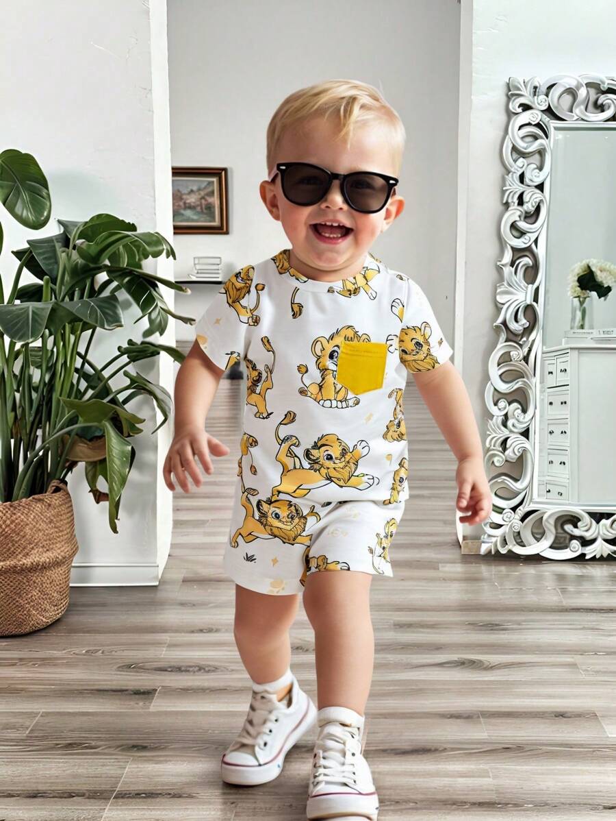 2 件装男女通用新生儿 - 1 岁男婴/女婴可爱狮子印花全身图案套装，适合宝宝在夏季各种场合穿着，让宝宝看起来更可爱 - 彩色 - 查看 1