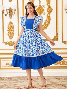 SHEIN Leap Crew Elegant Patchwork Mini Ditsy Floral Decor Flared Dress With Cap Sleeves For Teen Girls, Blue - Navy Blue - View 1