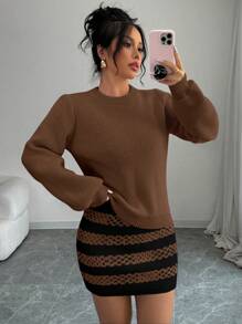 Elenzga Ensemble deux pièces pull col rond manches longues de couleur unie simple et mini-jupe pour femmes