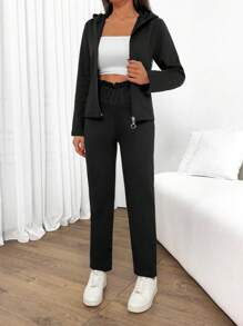 SHEIN Cottnline 2pcs Women Plain Zipper Long Sleeve Top And Pants Set