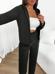 SHEIN Cottnline 2pcs Women Plain Zipper Long Sleeve Top And Pants Set