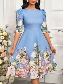 SHEIN Lady 蓝色印花修身女士连衣裙 女装 A 字型优雅女士连衣裙 - 白色 - 查看 3