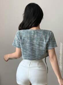 Dazy Star 女式前系带短袖简约短款 T 恤，休闲度假花卉格子 - 綠色 - 查看 5