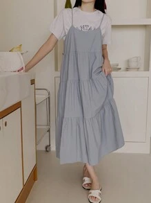 DAZY Women Loose Solid Color Spaghetti Strap Dress, Light Blue, Spring/Summer Milkmaid Dress - Baby Blue - View 4